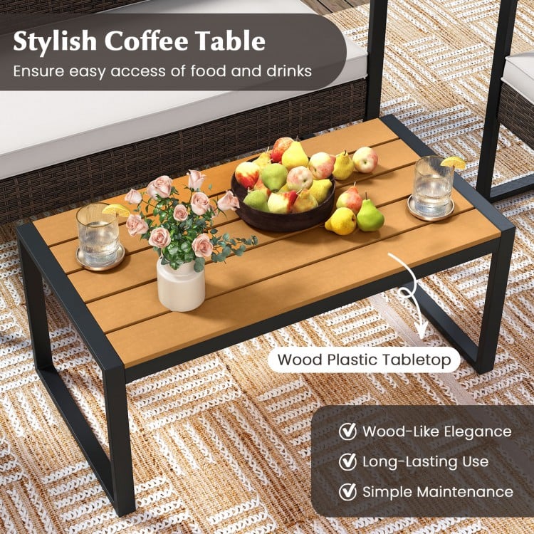 4 Piece Patio Furniture Set Outdoor Rattan Conversation Set with Cushioned Chairs and Wood Plastic Coffee Table-Off White