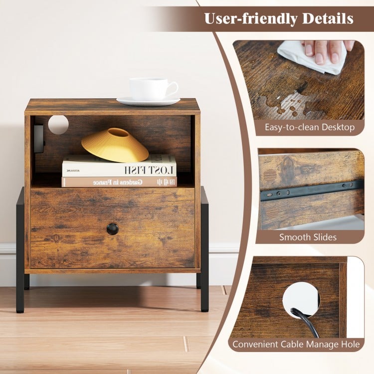 Nightstand with Charging Station and Drawer Sofa Side Table-Rustic Brown