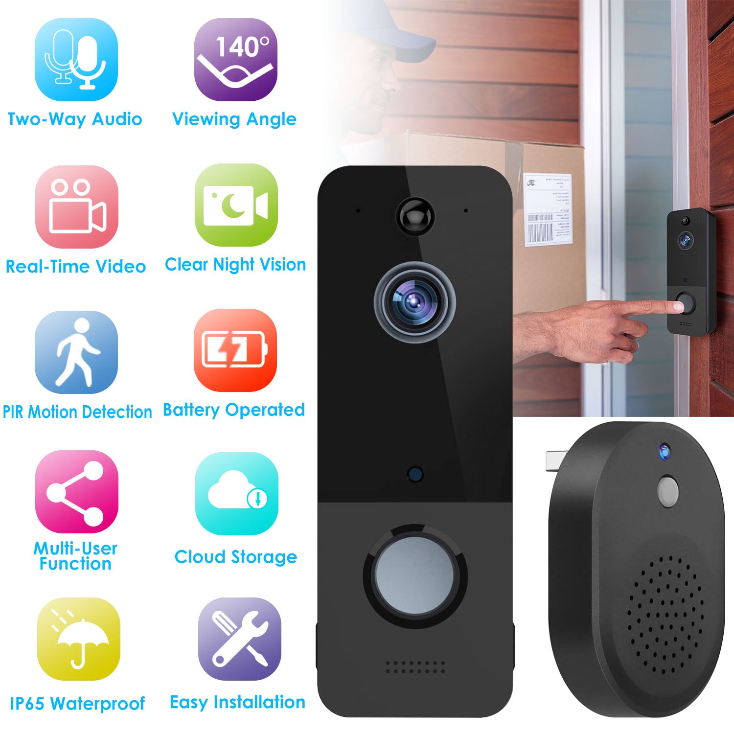 Wireless Smart Wi-Fi Video Doorbell Security Phone Door Ring Intercom Camera Two Way Audio Night Vision 720P Motion Detection Battery Operated