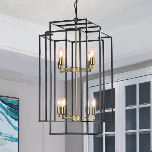 8 Lights Black & Gold Lantern Tiered Chandelier, Industrial Farmhouse Chandelier - No Bulbs 