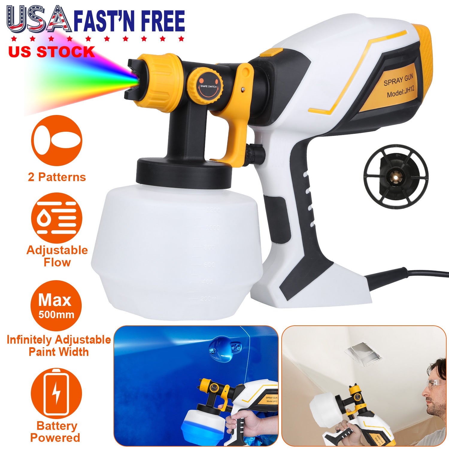 Electric Paint Sprayer HVLP Spray Painting Gun Handheld Painter with Different Spray Patterns 1200ML Detachable Container Flow/Length/Width Adjustable 