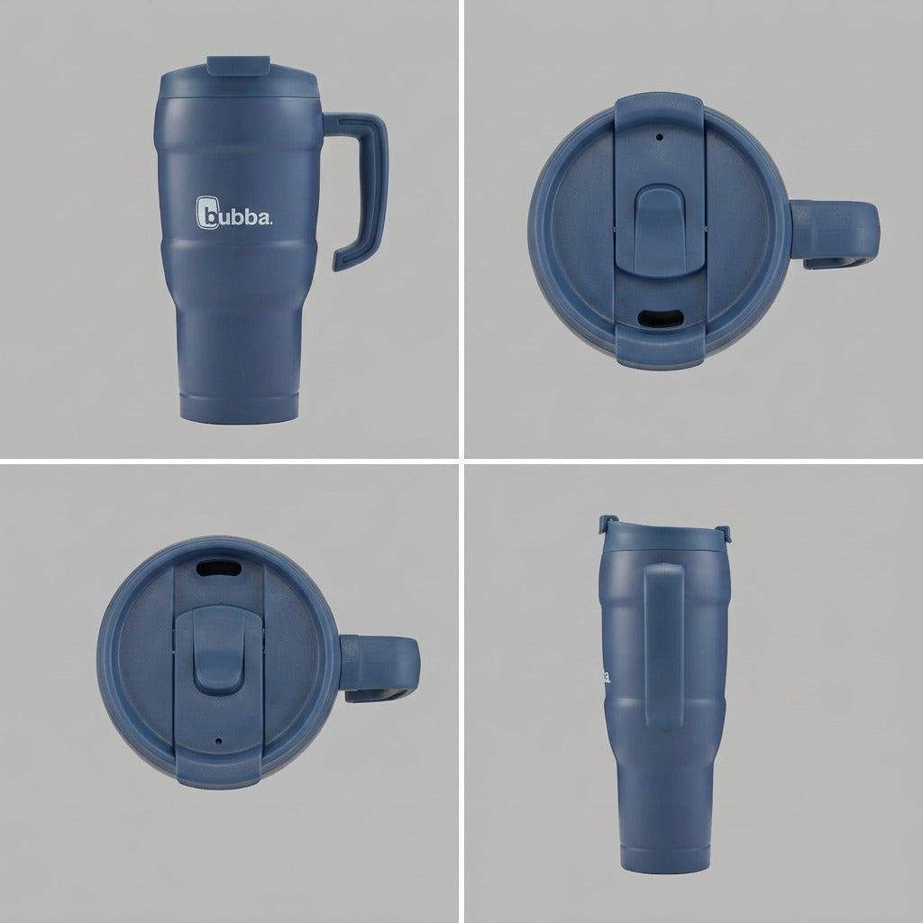 A product matrix featuring the Indigo bubba. tumbler's main view, plus variants in alternative orientations like a top view of the lid and a profile side-handle view.
