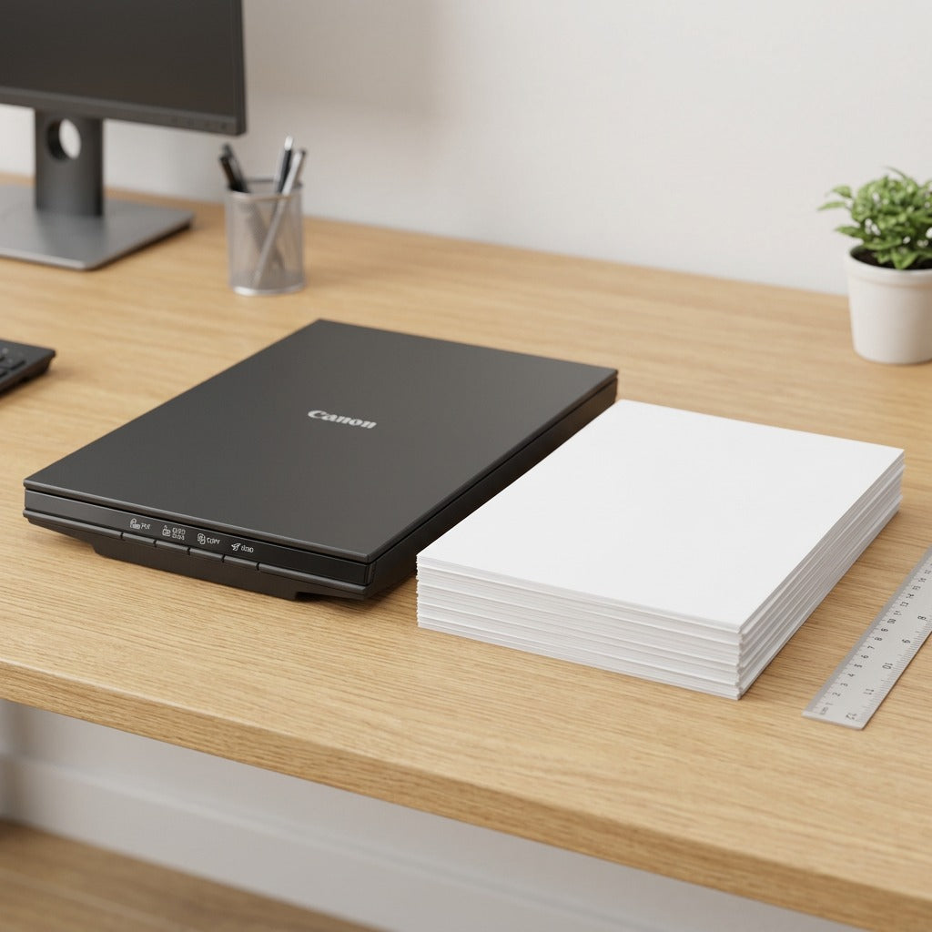 A scale reference image: the Canon CanoScan LiDE 300 flatbed scanner next to a stack of standard A4 printer paper on a desk.