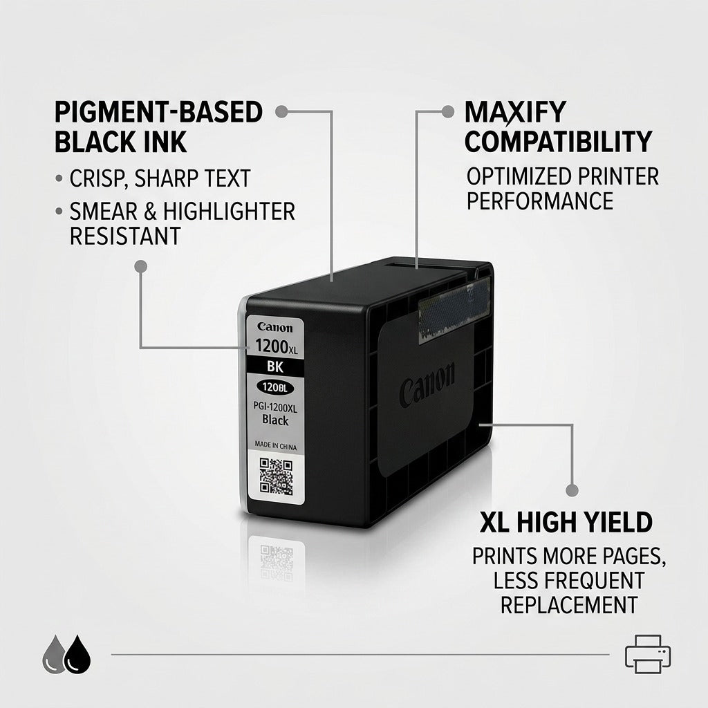 Infographic showcasing the Canon PGI-1200XL ink tank with operational features like pigment-based ink, MAXIFY compatibility, and high output.