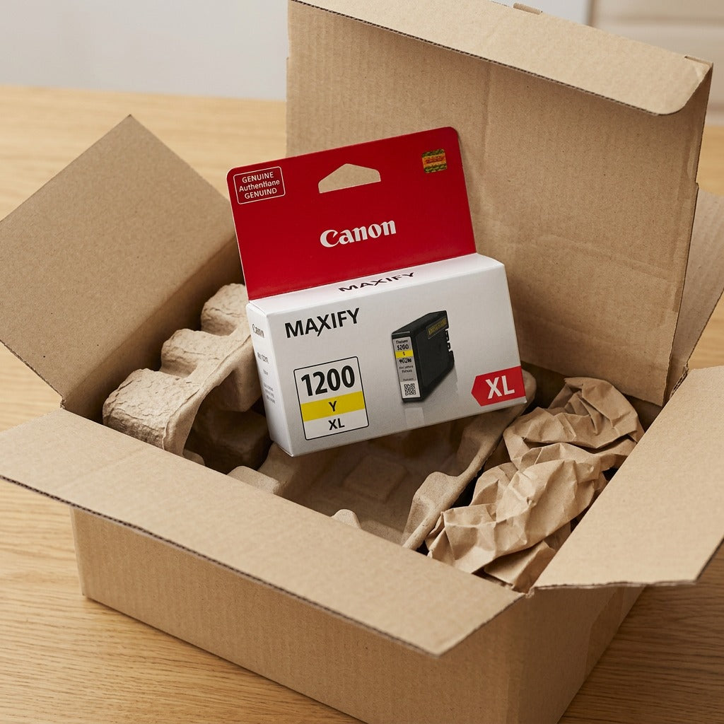 Package-protected Canon 1200XL ink on a clean, light surface, unboxing confidence, accurate scale.