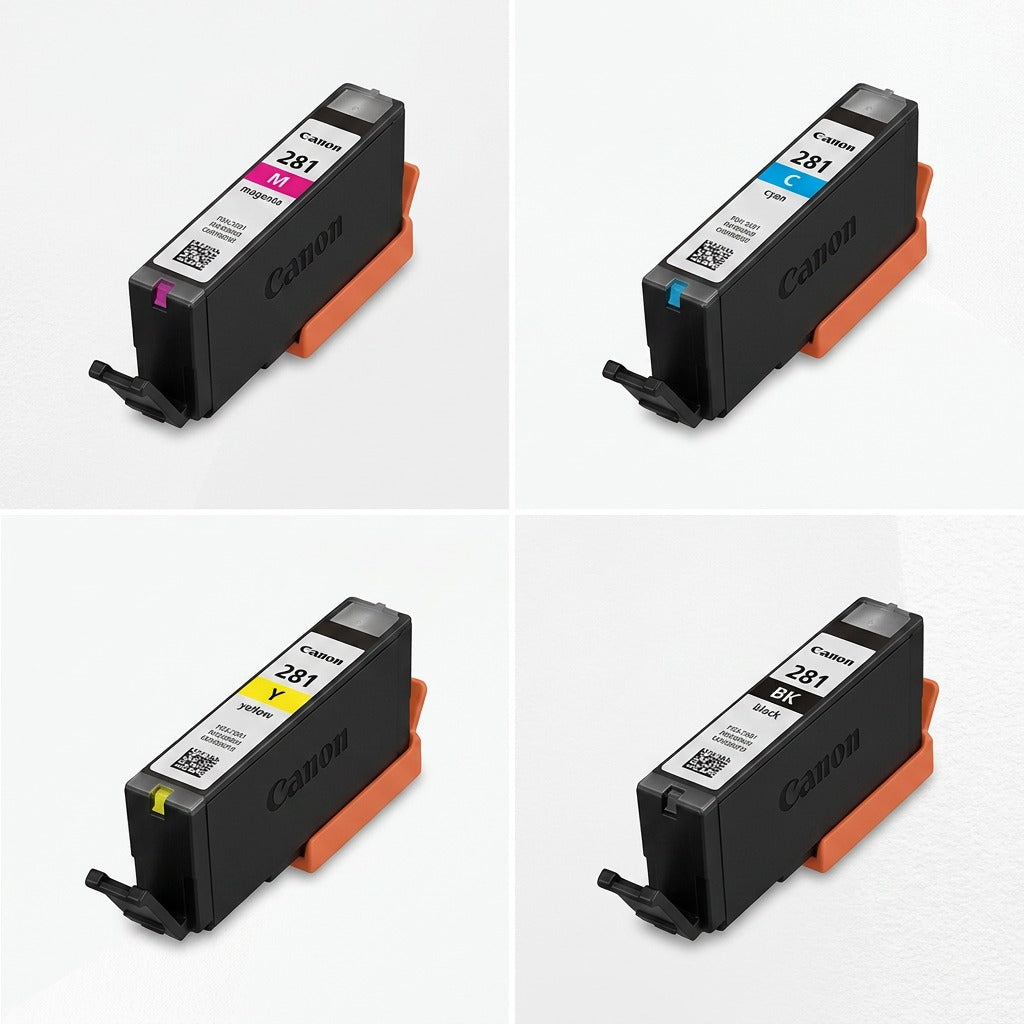 A clean product matrix displaying the Canon CLI-281 Magenta ink cartridge along with its Cyan, Yellow, and Black variants in separate, well-lit grid boxes. Each cell features a sharp, 3/4 front view of the specific color cartridge, shown as a physical product rather than its packaging, for direct comparison. The background is a crisp white.