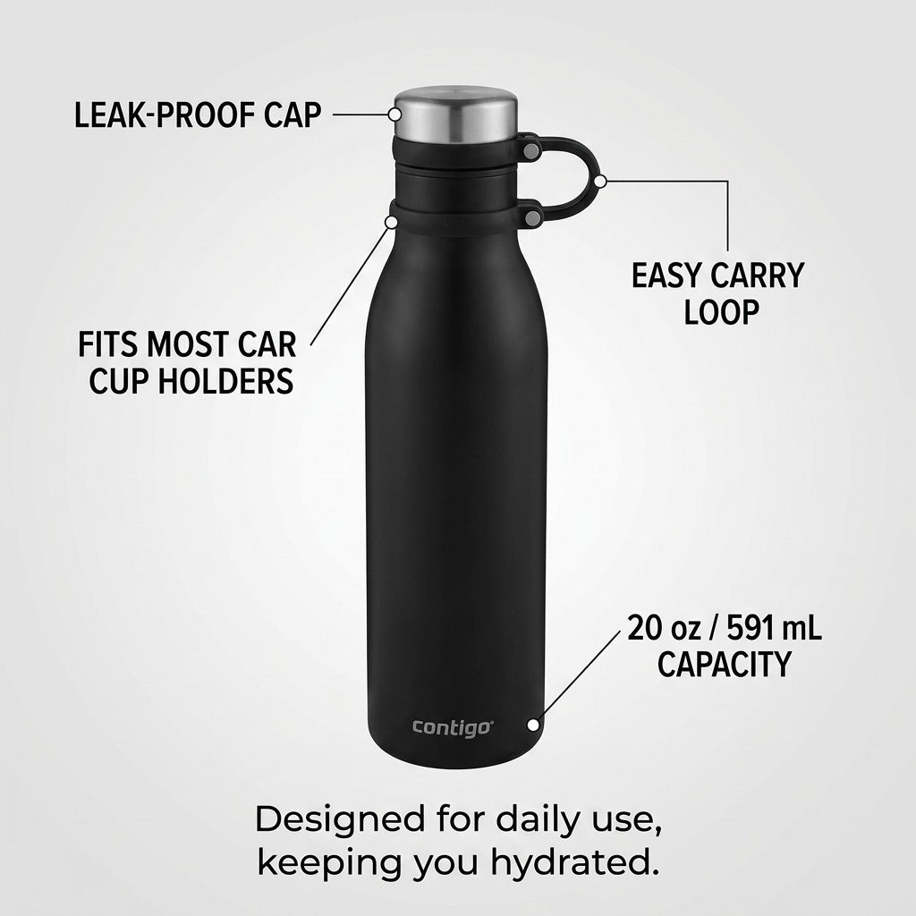 Operational features infographic of the Contigo Matterhorn 20oz Licorice with key usage callouts.