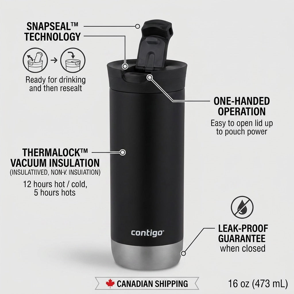 An operational feature graphic for the Contigo Huron 2.0 SnapSeal tumbler, highlighting key technologies like simple one-handed closure, THERMALOCK insulation, and leak-proof guarantee when snapped fully closed. Features concise benefits and clean pointers. Contains the Canadian shipping banner and exact SKU details.