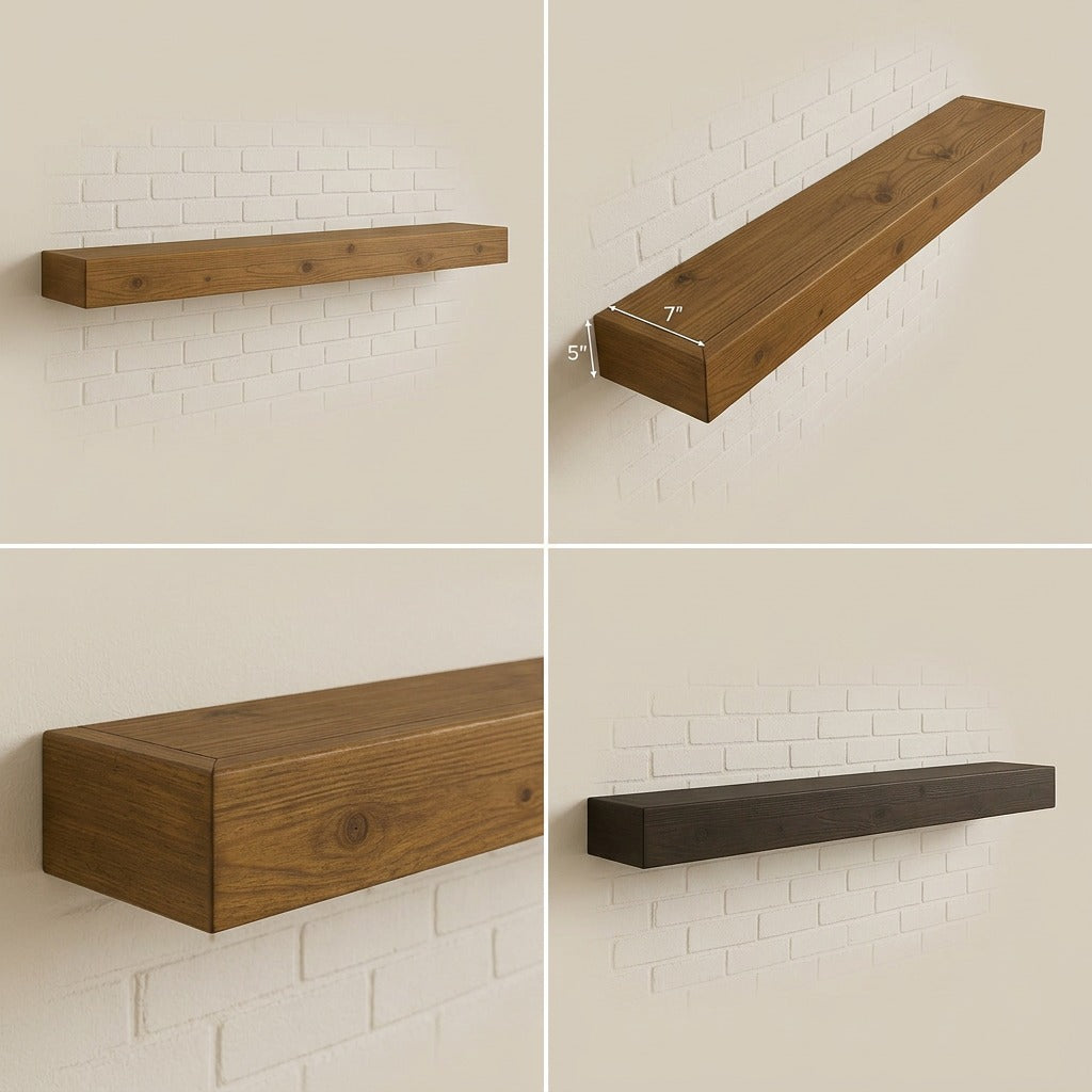A matrix of three different colored wood fireplace mantels mounted above brick fireplaces: Whiskey Brown (center), a deeper brown (left), and a light gray-washed wood (right).