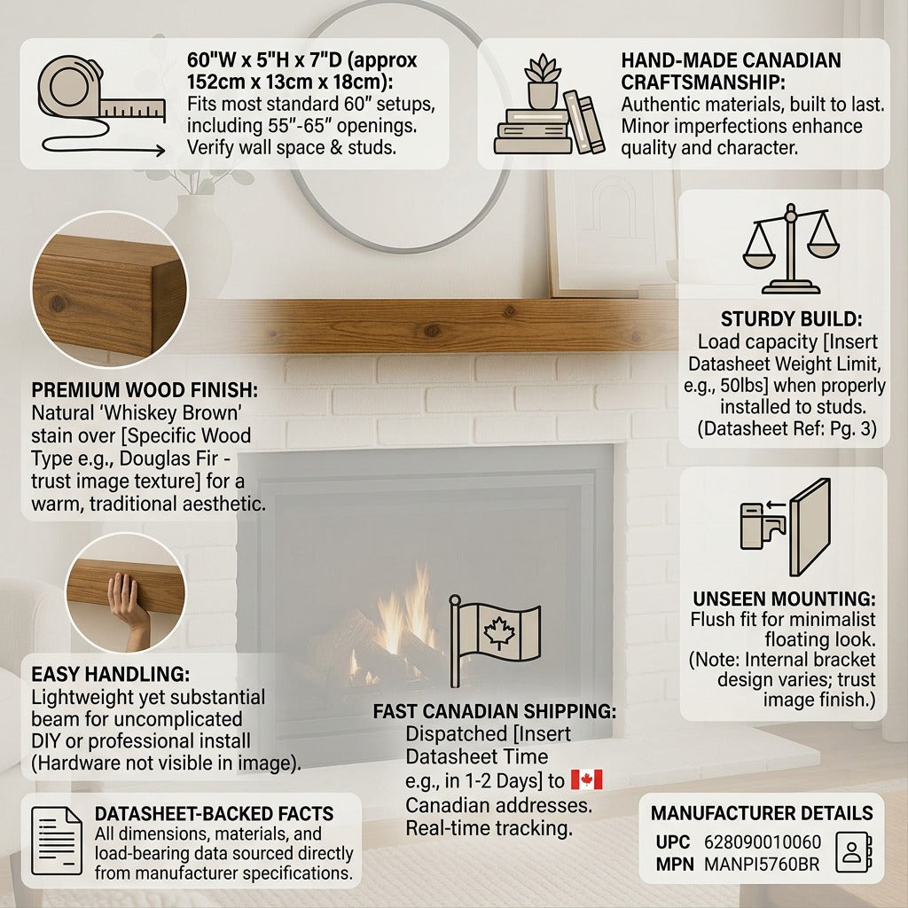 Infographic for Entrepot La Grange inc 60x5x7 Whiskey Brown mantel (MPN MANPI5760BR), detailing product features and specifications.