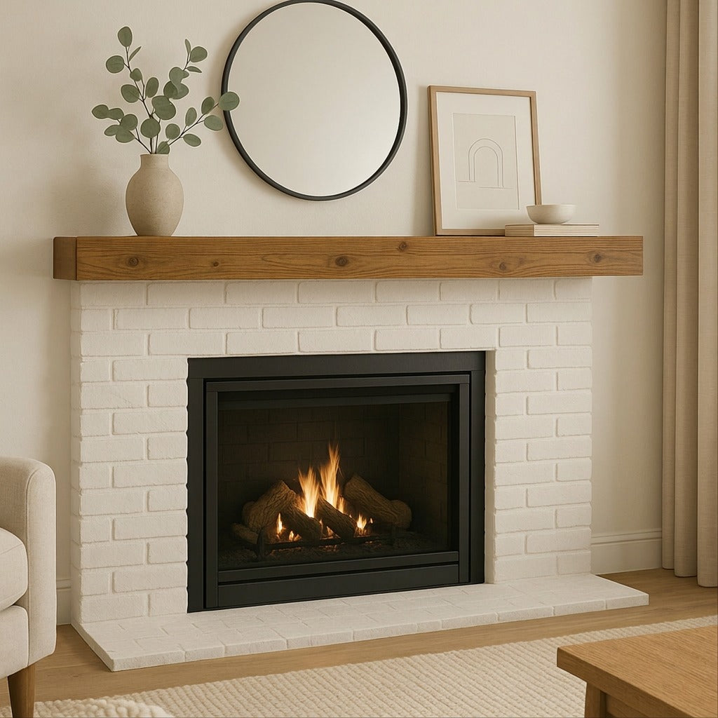 A lifestyle image showing the wood floating beam mantel installed above a burning gas fireplace, with neutral-toned home decor, a round mirror, and framed art.