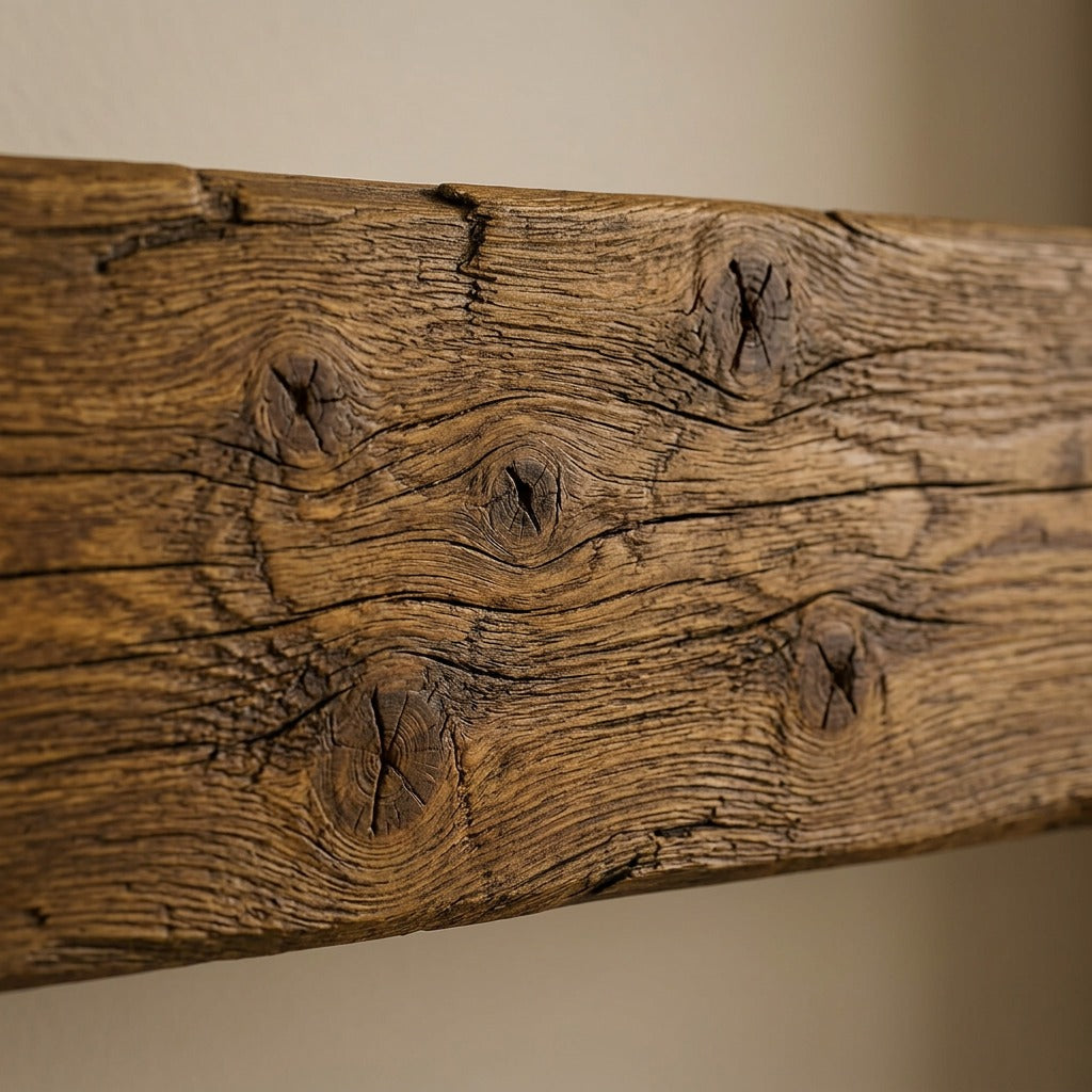 A macro-close-up of the distressed detail and grain on a brown wood mantelpiece.