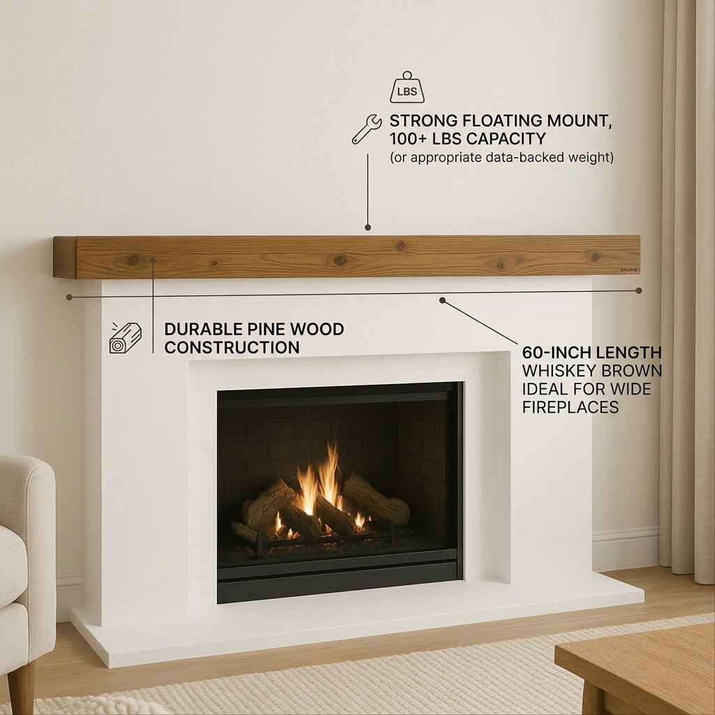 A factual ecommerce page image for the floating beam mantel with minimalist callouts.