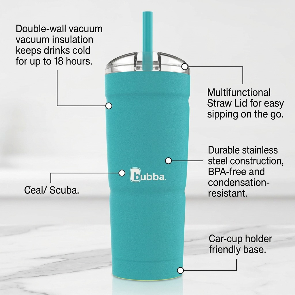 PDP image featuring 24oz Scuba tumbler with callouts for 18h cold retention, multifunctional straw lid, BPA-free steel, and car-friendly base.