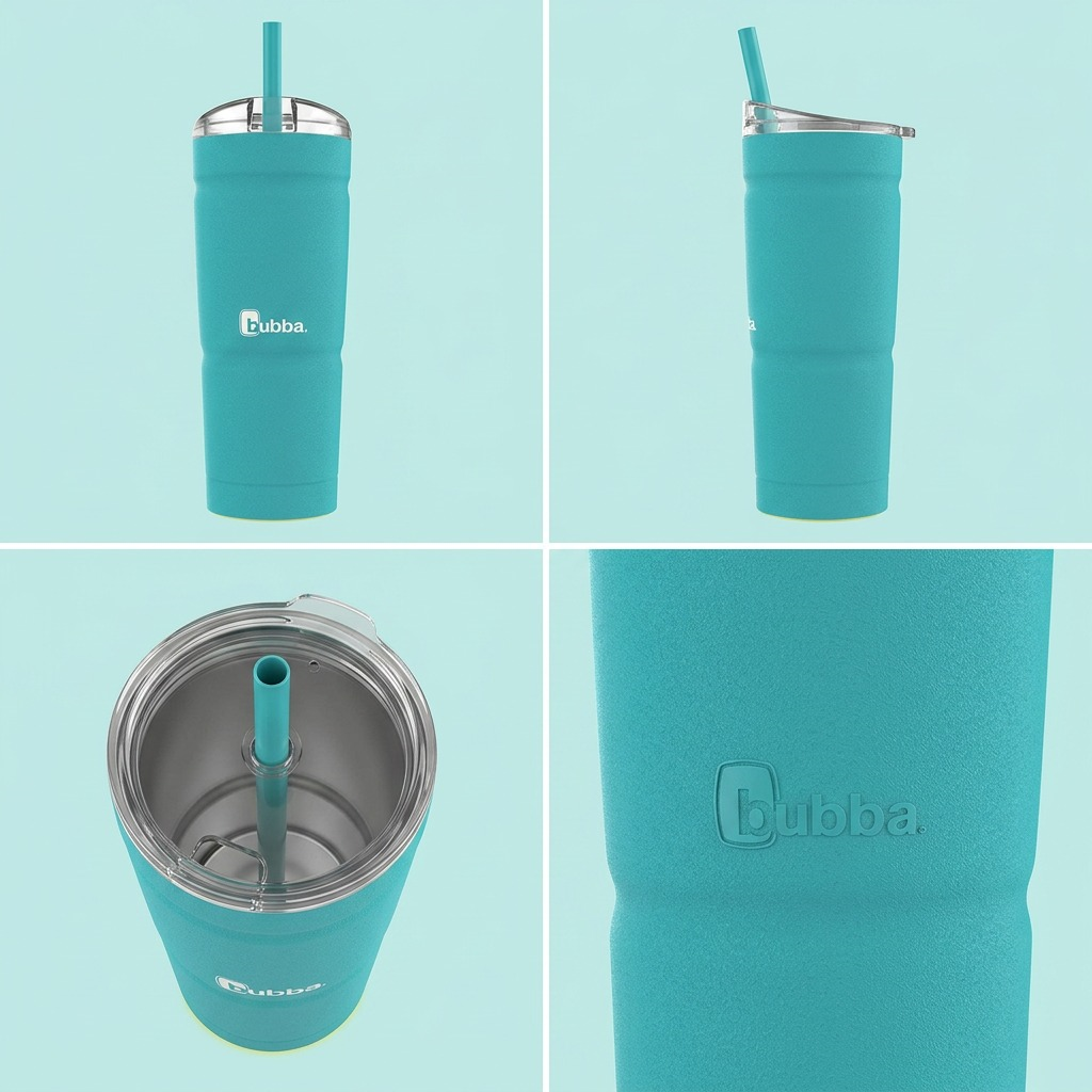 A four-panel matrix showing different angles of the Scuba-colored bubba Envy S tumbler with straw lid.