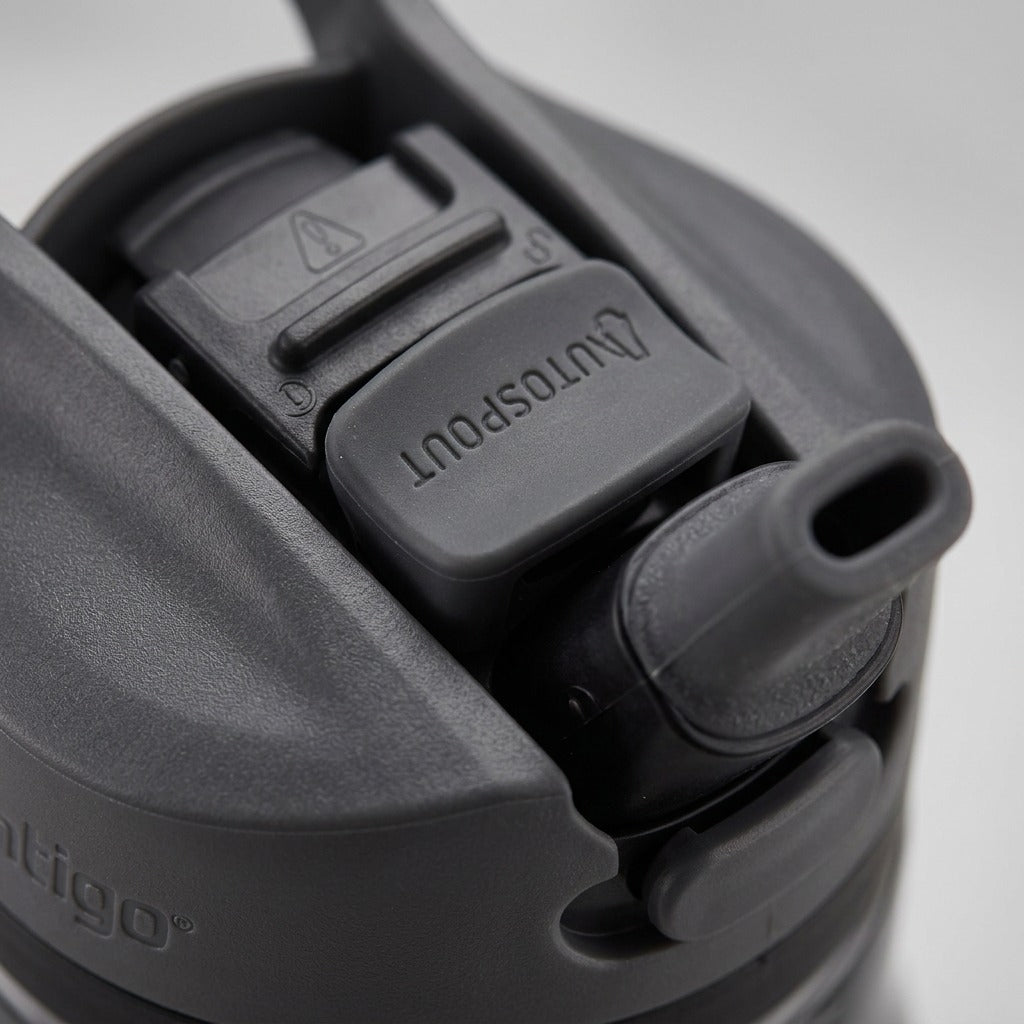 A macro photo of the dark gray Contigo Autospout water bottle, highlighting the AUTOSPOUT pop-up button.