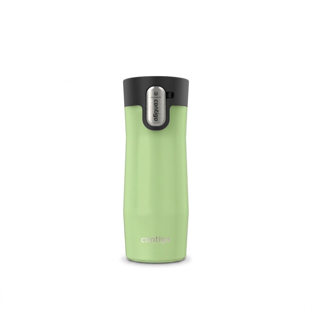 A high-resolution ecommerce hero shot of the Contigo West Loop 3.0 travel mug in Cucumber Frosted Pearl, displayed against a pure white background. The focus is sharp on the product details and brand logo.
