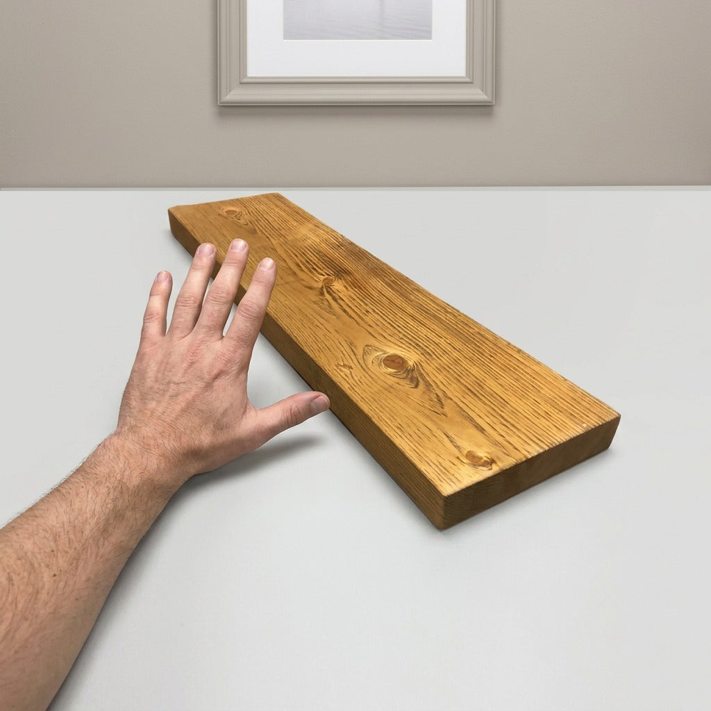 A photo of the 36-inch honey-stained wood shelf shown next to an adult person's hand for size context