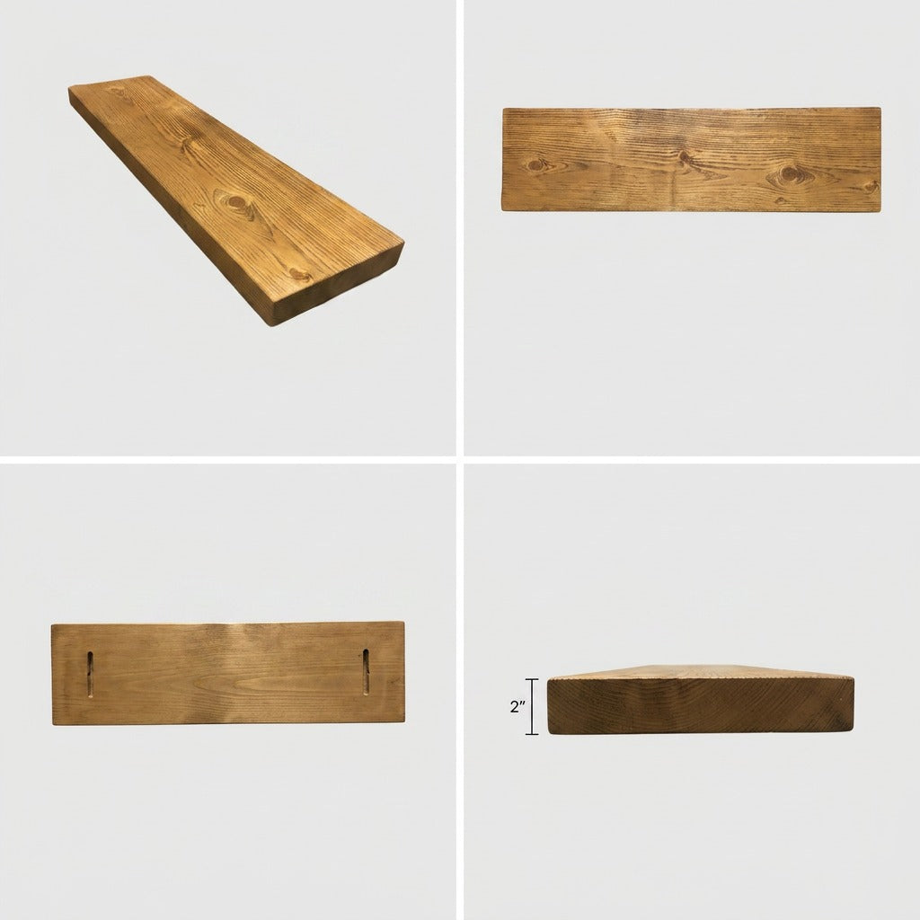 A grid matrix showing four views of the solid wood honey shelf: perspective, top, bottom, and side profile views.