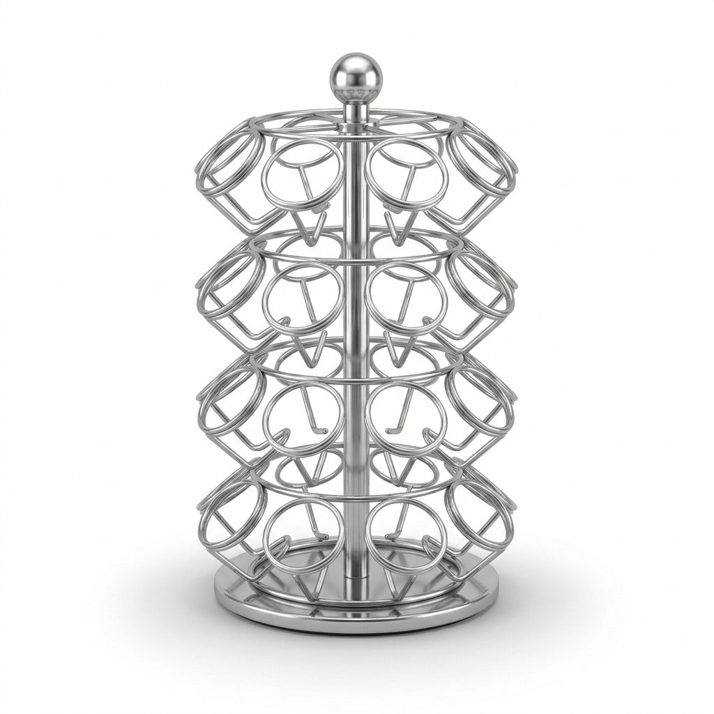 Polished chrome wire Keurig K-Cup pod rotating carousel organizer on a white background.