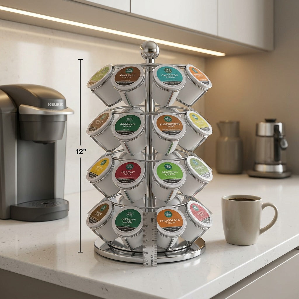 Twelve-inch Keurig K-Cup pod carousel filled with coffee pods on a kitchen counter near a brewer.
