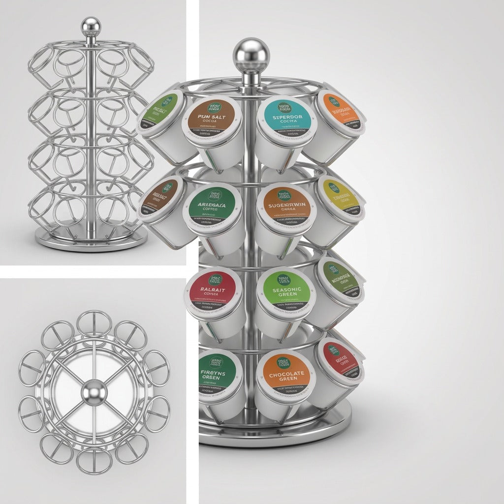 Keurig chrome rotating K-Cup carousel shown loaded with pods, empty, and from a top-down view.