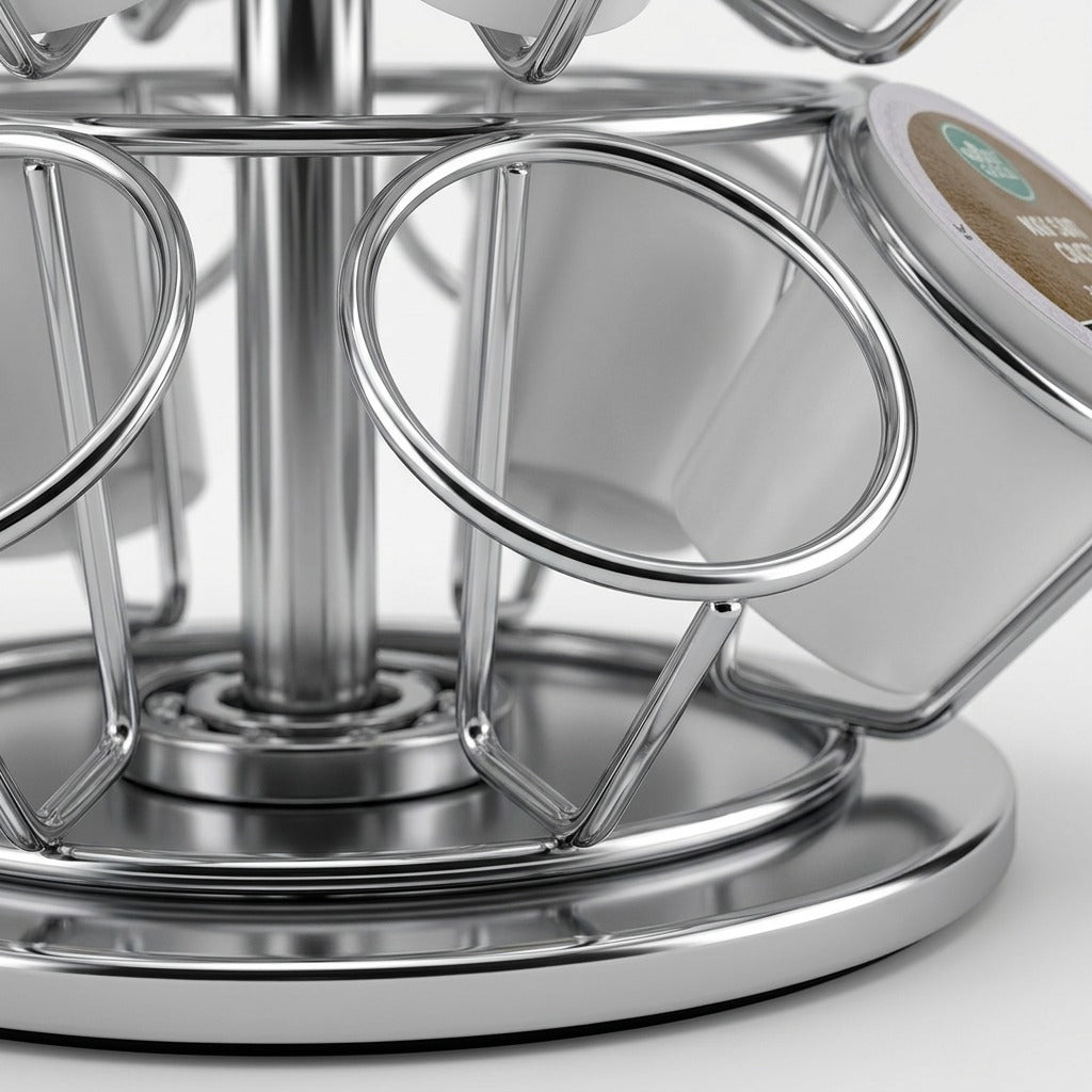 Close-up of a chrome Keurig K-Cup rotating carousel base holding single-serve coffee pods.