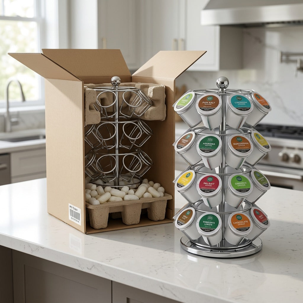 Keurig chrome K-Cup pod carousel shown next to its secure cardboard unboxing packaging.