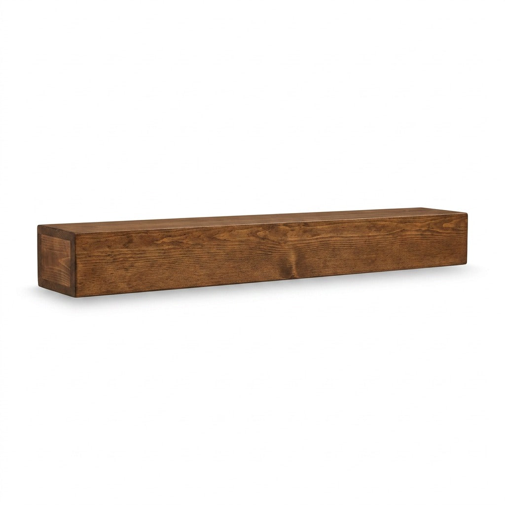 Entrepot La Grange 60-inch floating wood fireplace mantel in a rustic Whiskey Brown finish.