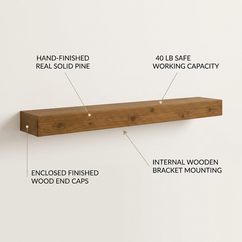 Entrepot La Grange Whiskey Brown floating fireplace mantel with callouts highlighting key features.