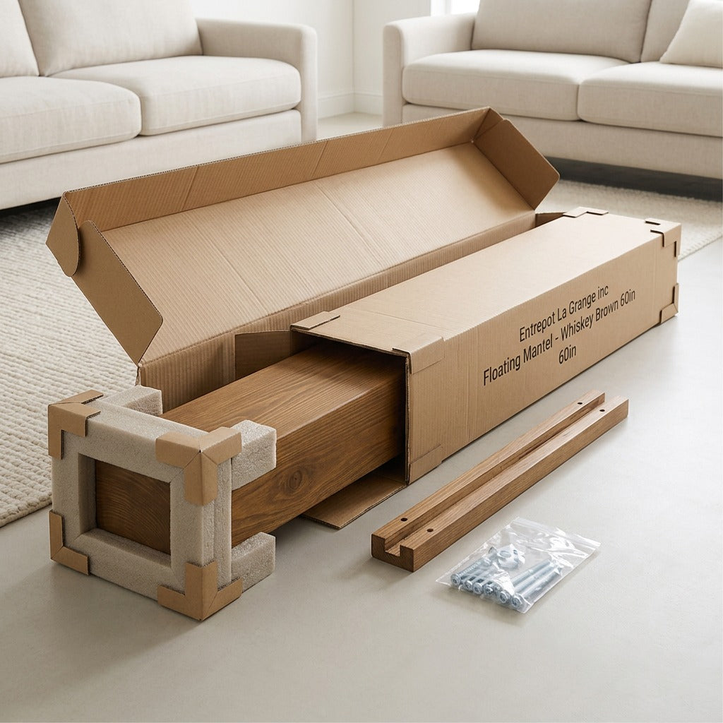 Unboxing of the Entrepot La Grange 60-inch floating wood fireplace mantel with secure packaging and hardware.