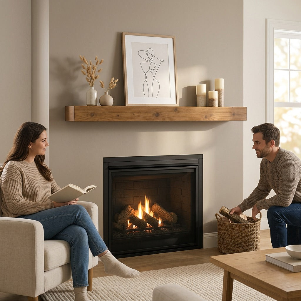 Entrepot La Grange floating wood fireplace mantel in whiskey brown mounted in a cozy living room.