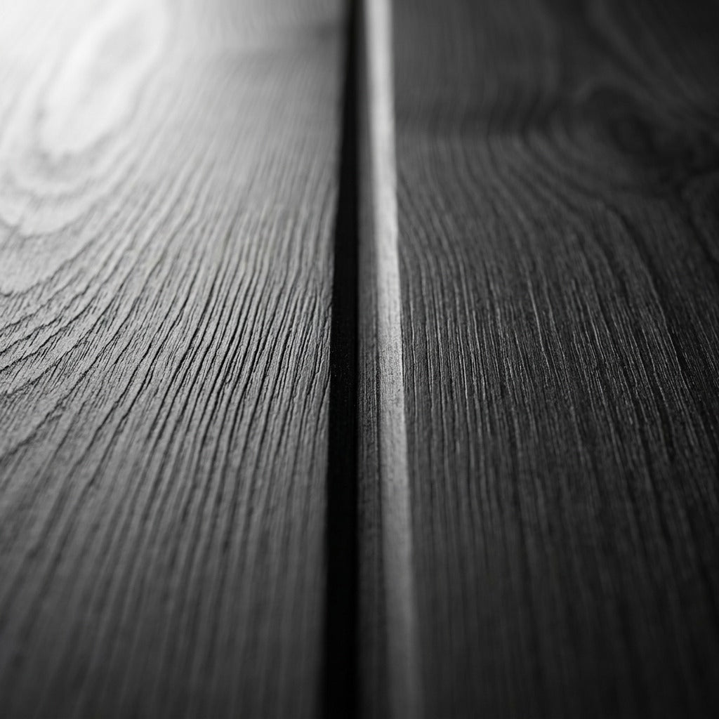 Close-up of Entrepot La Grange black solid pine wall paneling showing wood grain texture and joint.