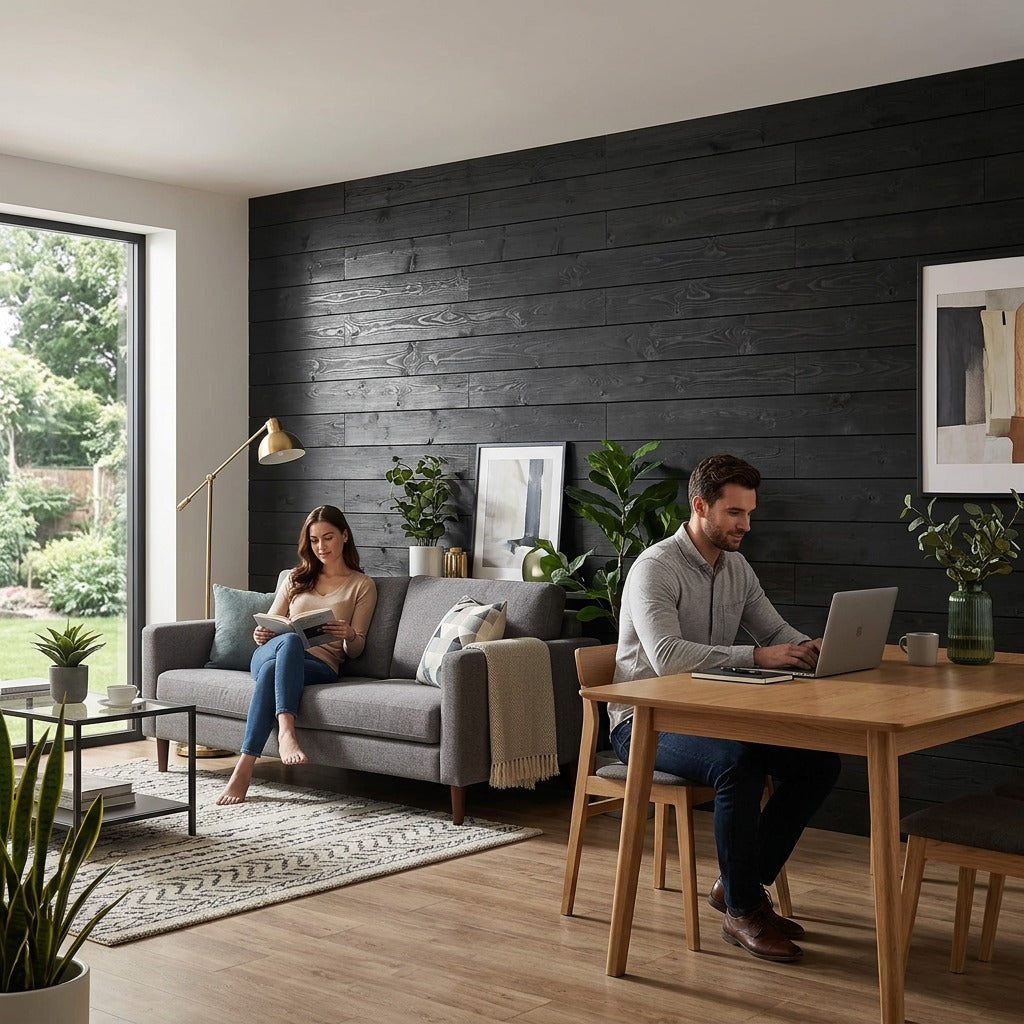 Modern living room featuring Entrepot La Grange black solid pine wood paneling on an accent wall.