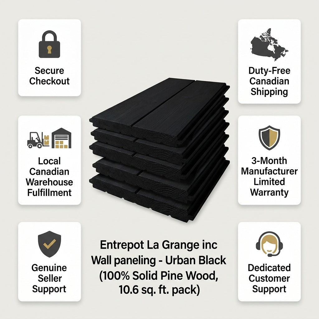 Stack of Entrepot La Grange black pine wall paneling planks with Canadian shipping and warranty icons.