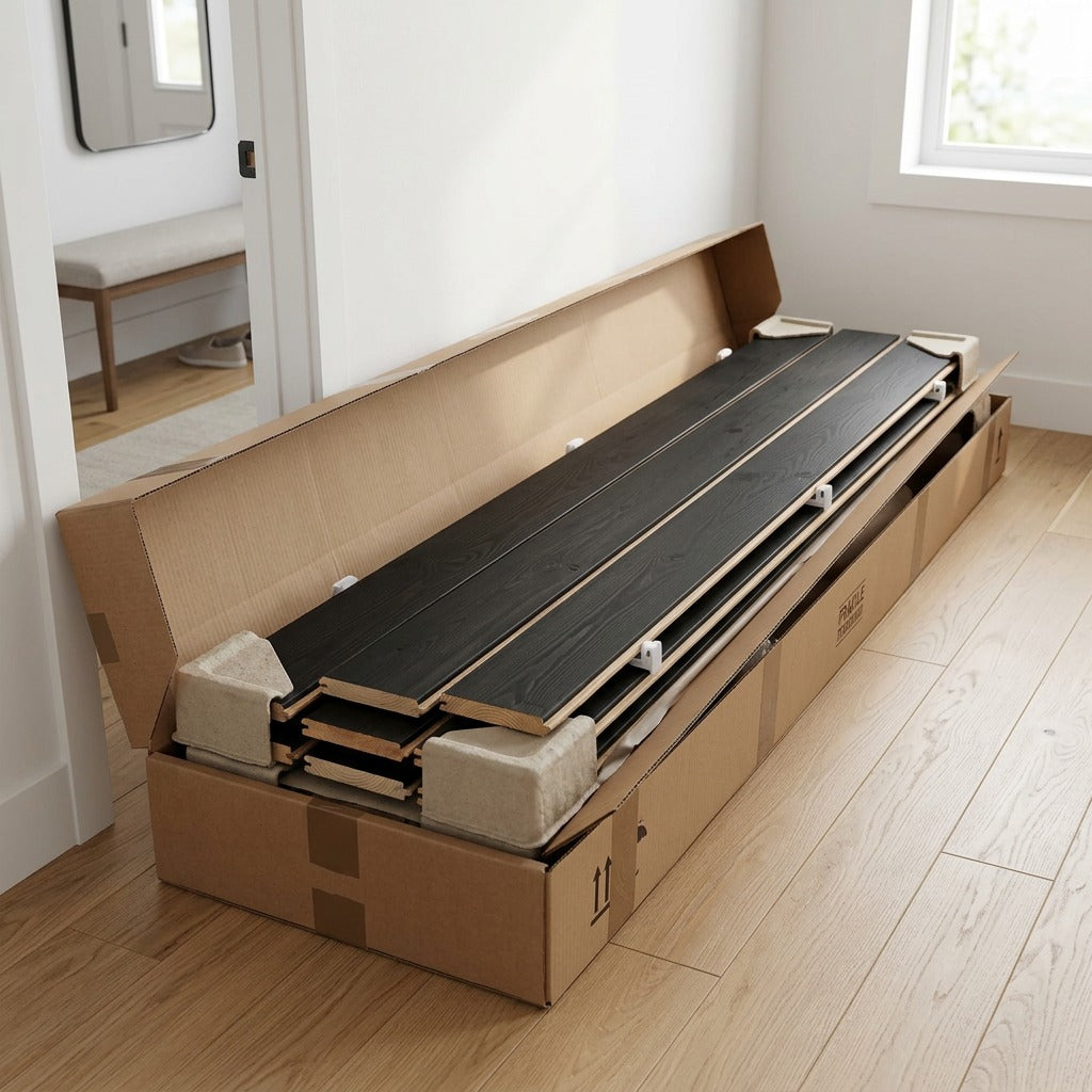 Entrepot La Grange black solid pine wall paneling planks packed with corner protectors in a box.