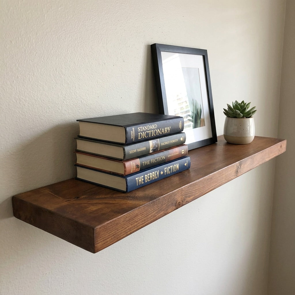 Entrepot La Grange whiskey brown solid wood floating shelf holding a stack of books, frame, and succulent.