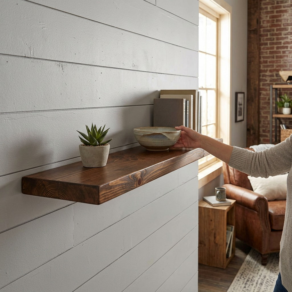 Person placing a ceramic bowl on an Entrepot La Grange whiskey brown solid wood floating shelf.
