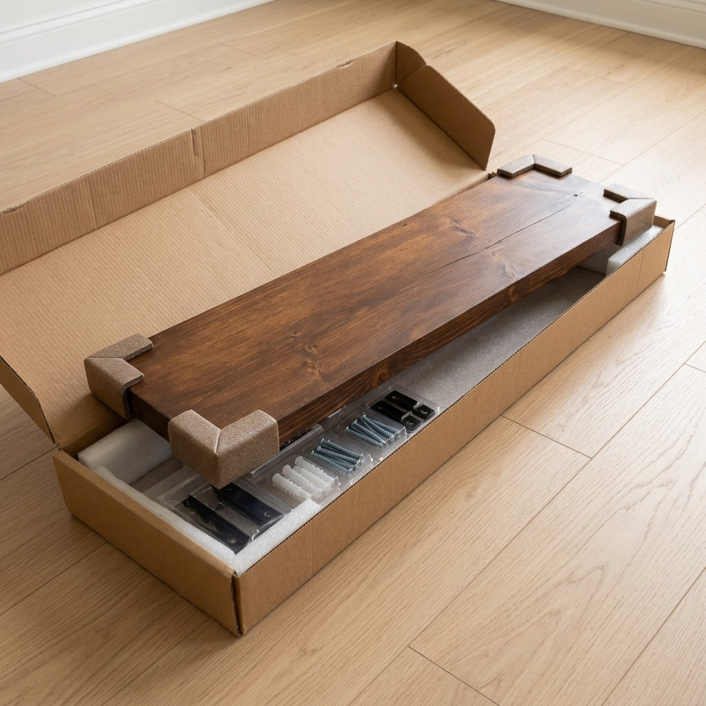 Entrepot La Grange whiskey brown wood floating shelf unboxed with corner guards and mounting hardware.