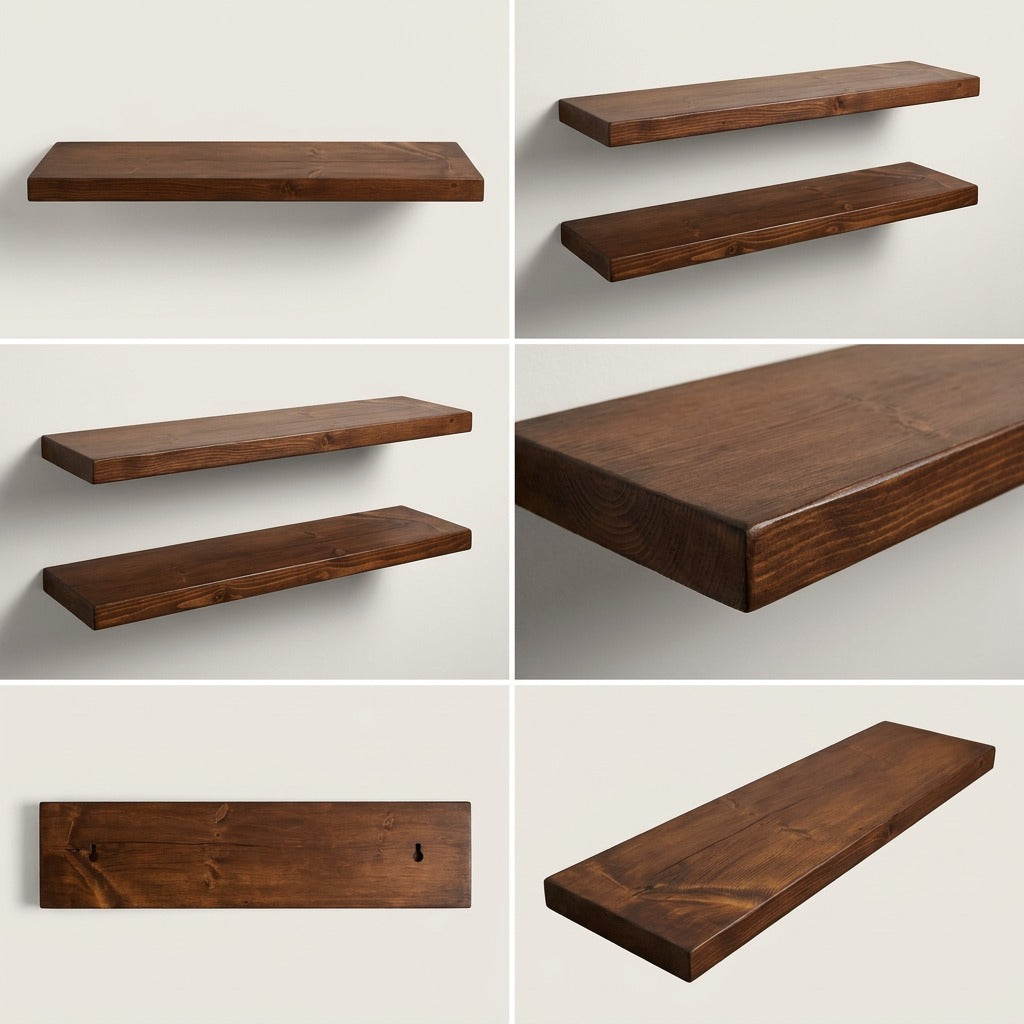 Six-panel grid showing the Entrepot La Grange solid wood floating shelf in Whiskey Brown from multiple angles.