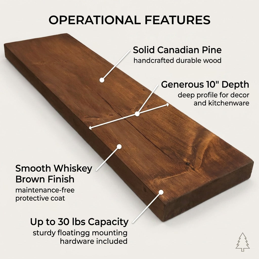 Feature diagram of the Entrepot La Grange solid pine floating shelf in Whiskey Brown.