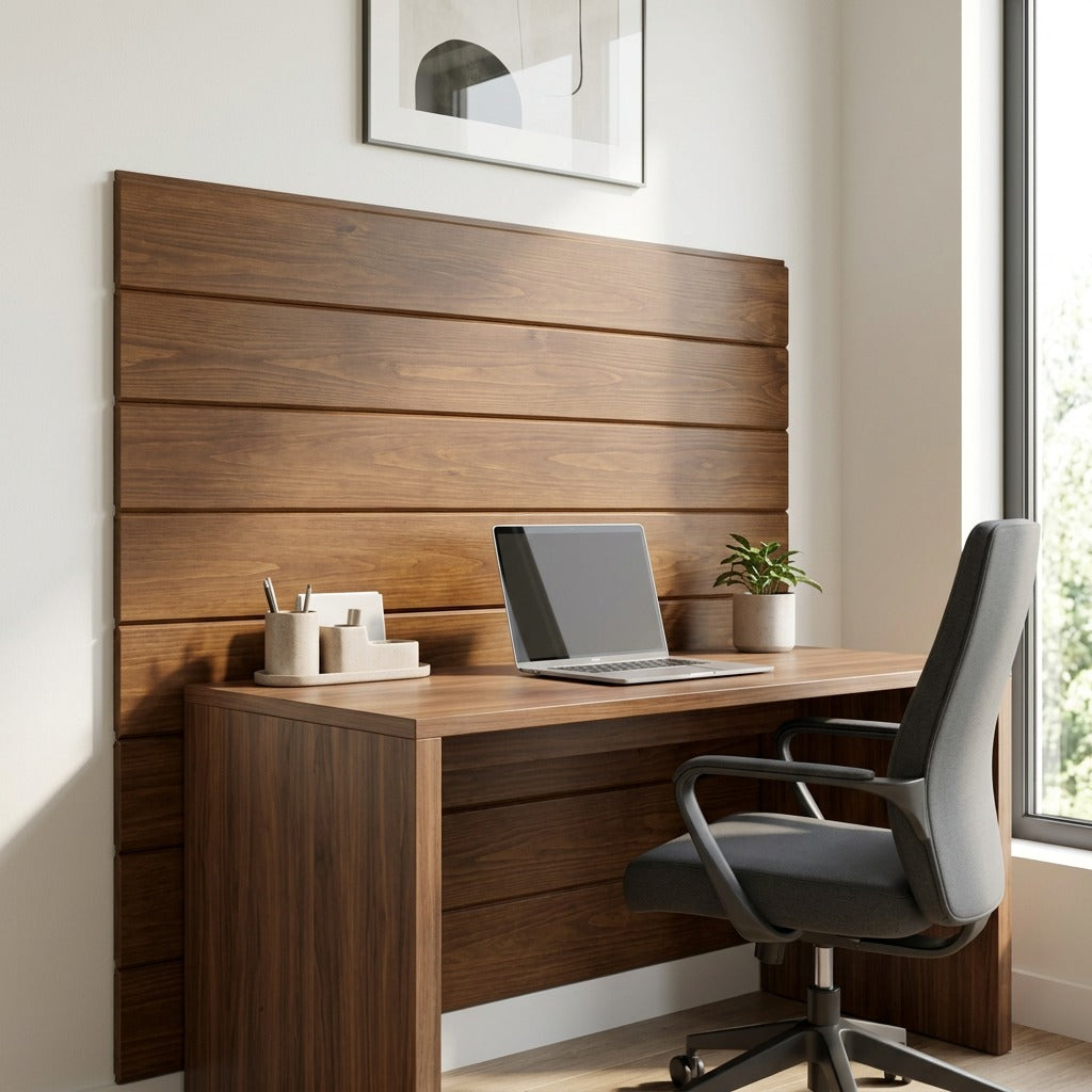 Entrepot La Grange inc Walnut Medium wall paneling accent section behind a modern home office desk.