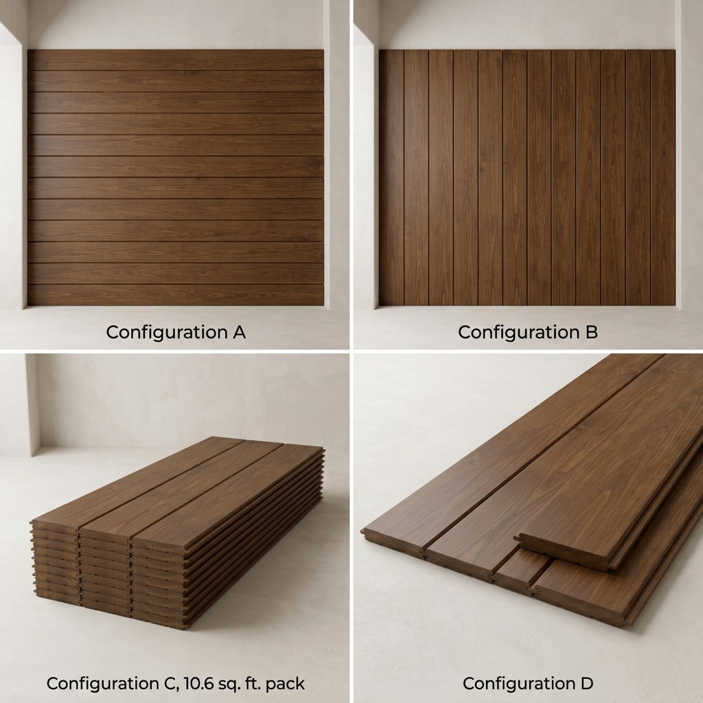 Four configurations of Entrepot La Grange Walnut Medium wood wall paneling in horizontal and stacked layouts.