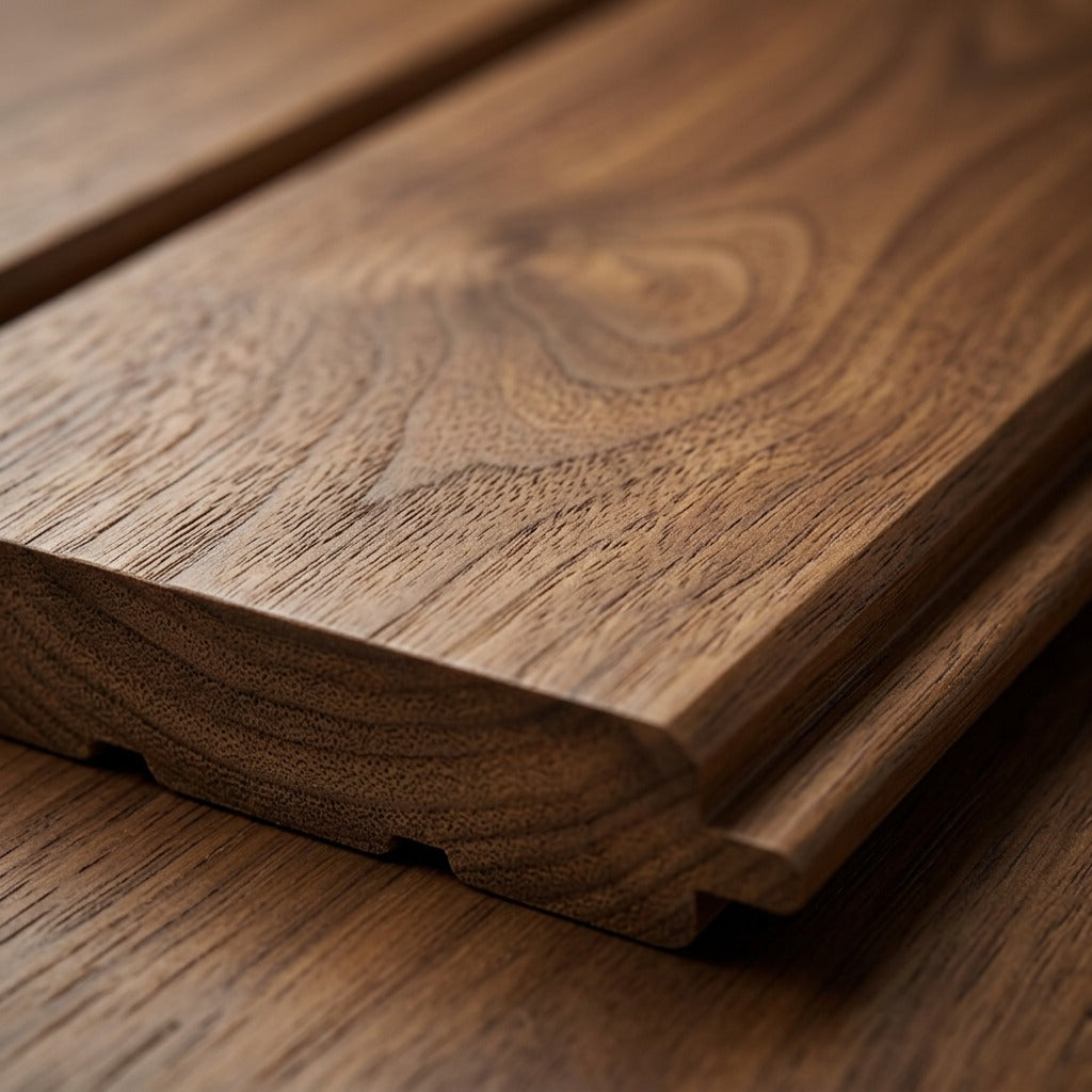Close-up detail of Entrepot La Grange inc walnut medium wall paneling showing grain and tongue edge.