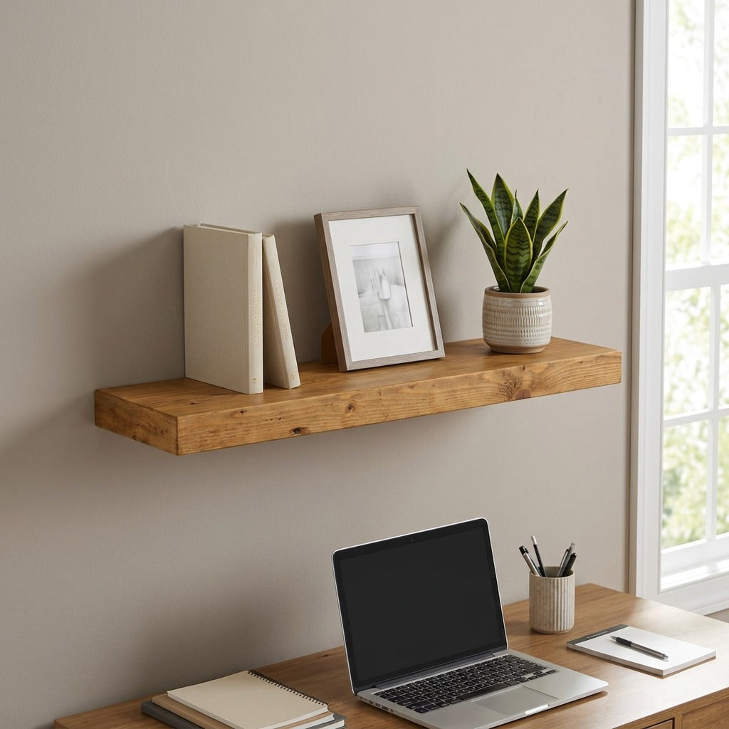 Entrepot La Grange honey solid wood floating shelf mounted above a desk with books, frame, and plant