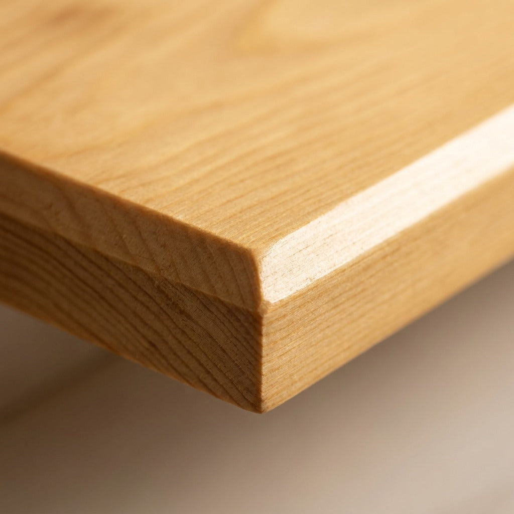 Close-up of Entrepot La Grange inc solid pine wood shelf with beveled edge and honey finish.