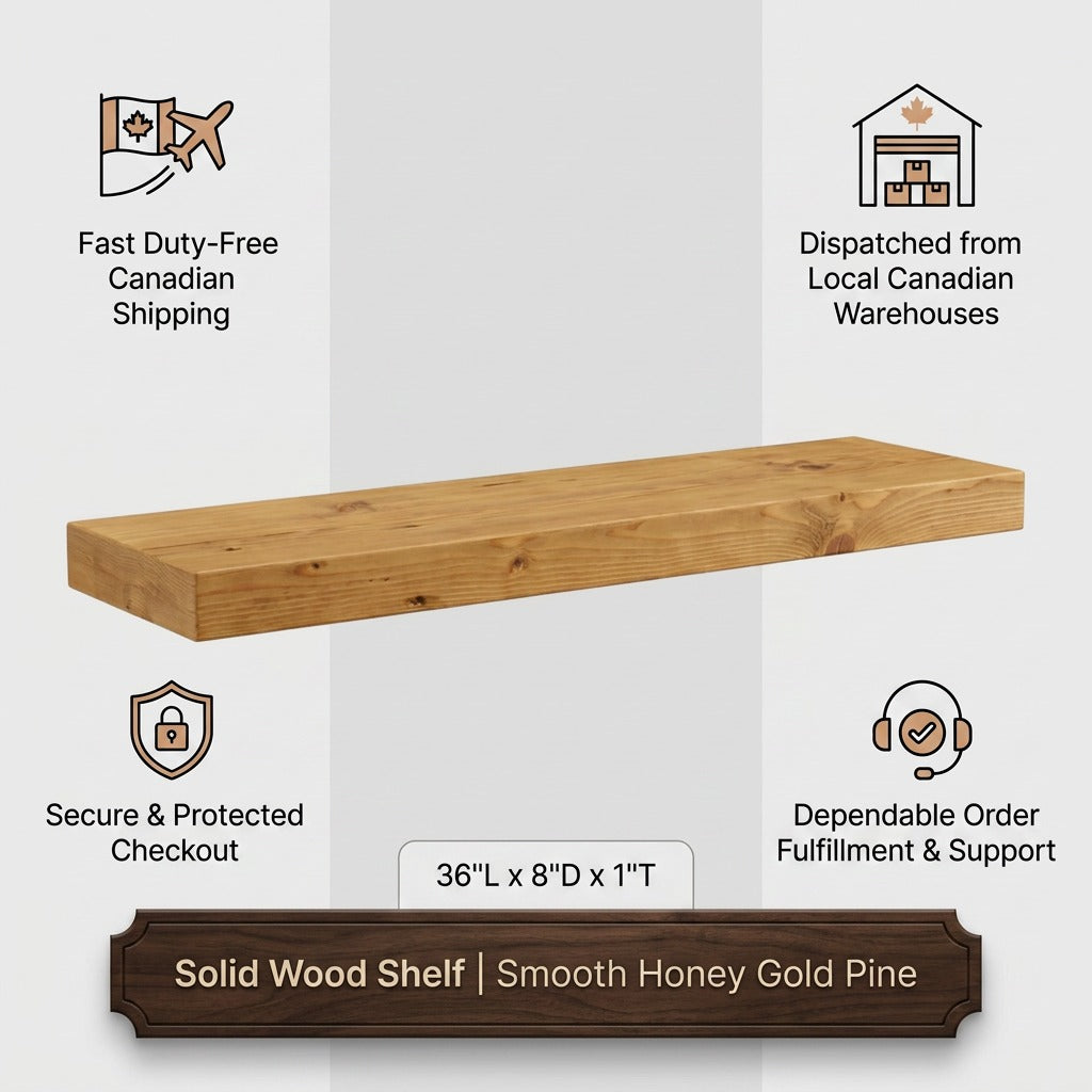 Solid Wood Shelf in smooth honey pine wood with Canadian shipping and fulfillment feature icons.