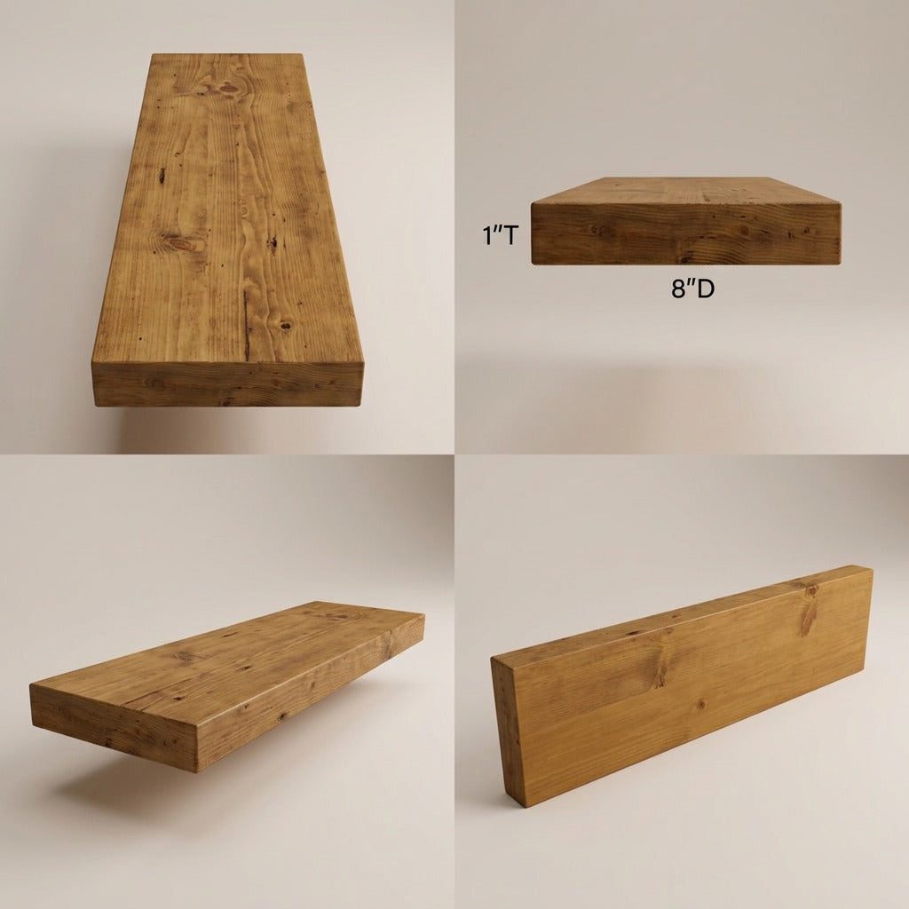 Multi-angle views of the Entrepot La Grange inc honey solid pine wood shelf with dimensions.