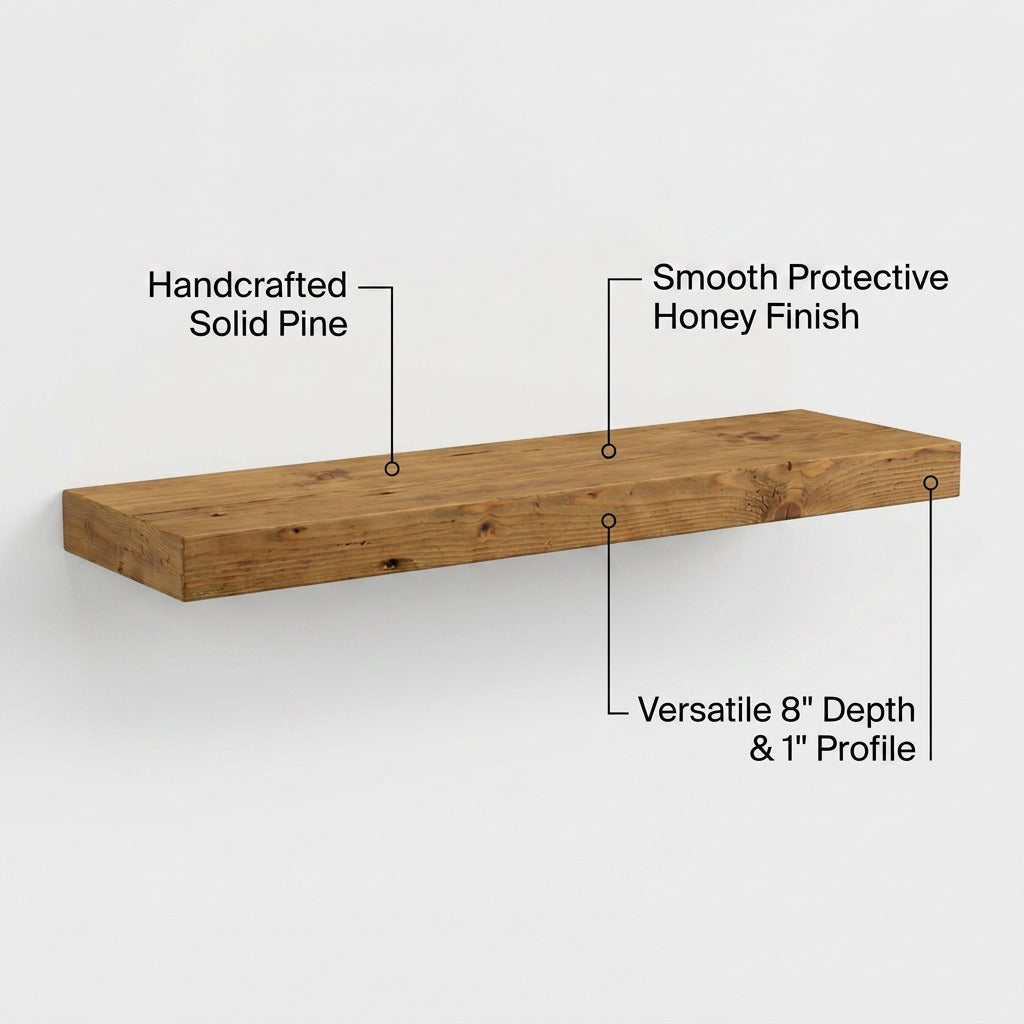 Solid pine wood floating shelf in honey finish with feature callouts highlighting its design.