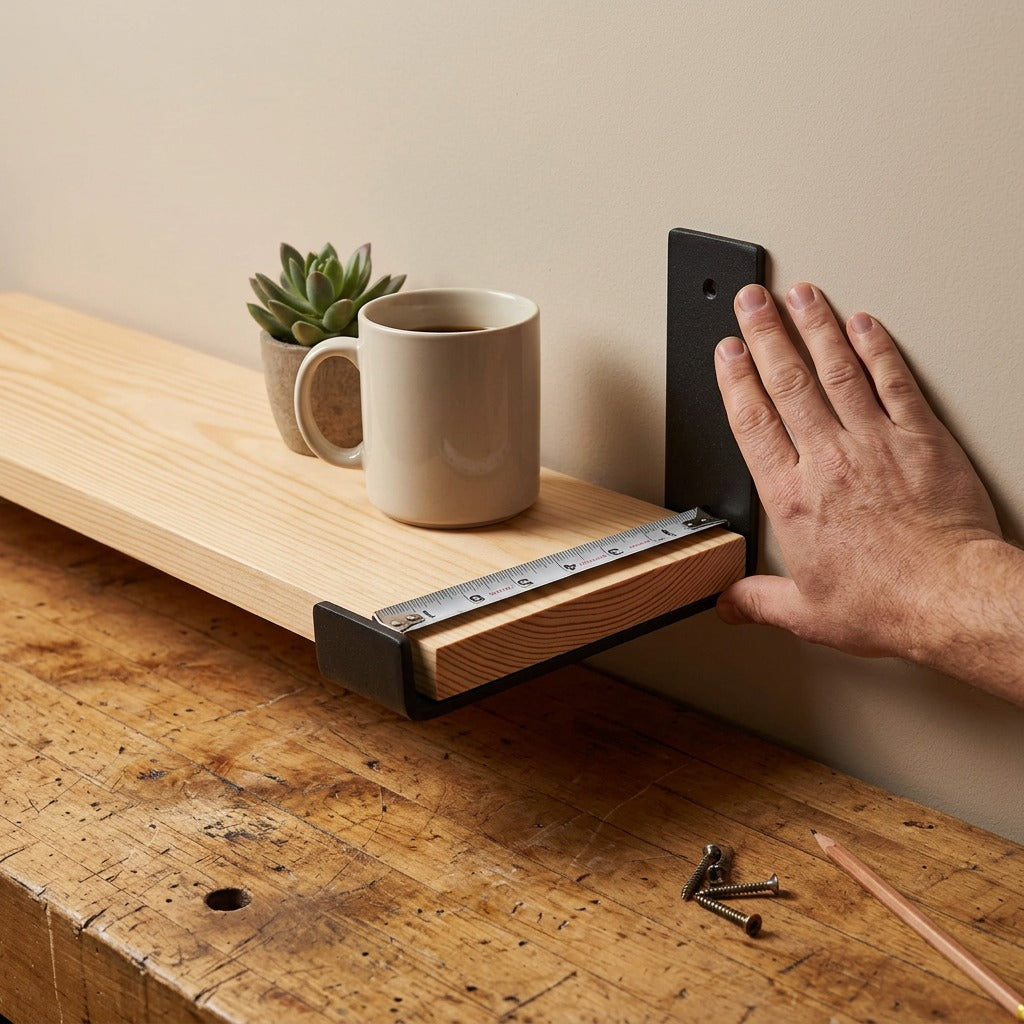 Hand holding a 6-inch black steel J-style shelf bracket supporting a wood shelf with a mug.